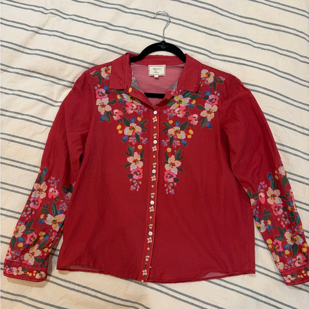Sezane Red Floral Embroidered Blouse Size 34